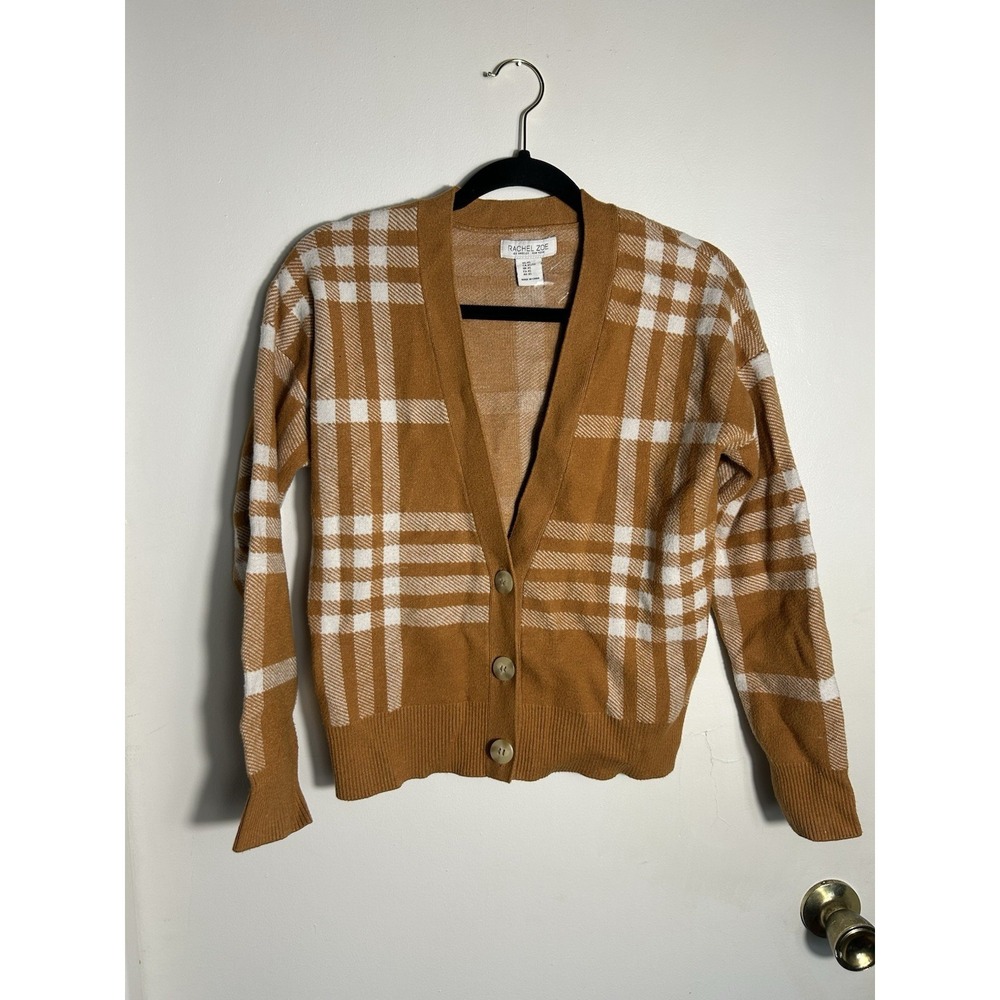 Rachel Zoe Camel Plaid Cardigan XS Windowpane Button Front Soft Knit‎